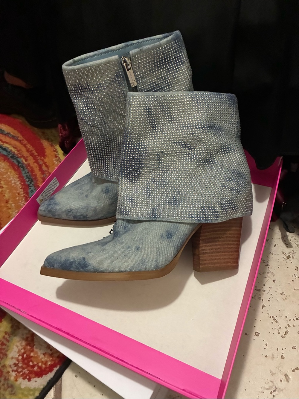 Jessica Simpson Light Blue Suede Fold-Over Crystal Cuff Block Heel Ankle Boots
